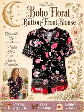 Knox Rose Floral Blouse Button‑Front Flutter Sleeves Boho Print L
